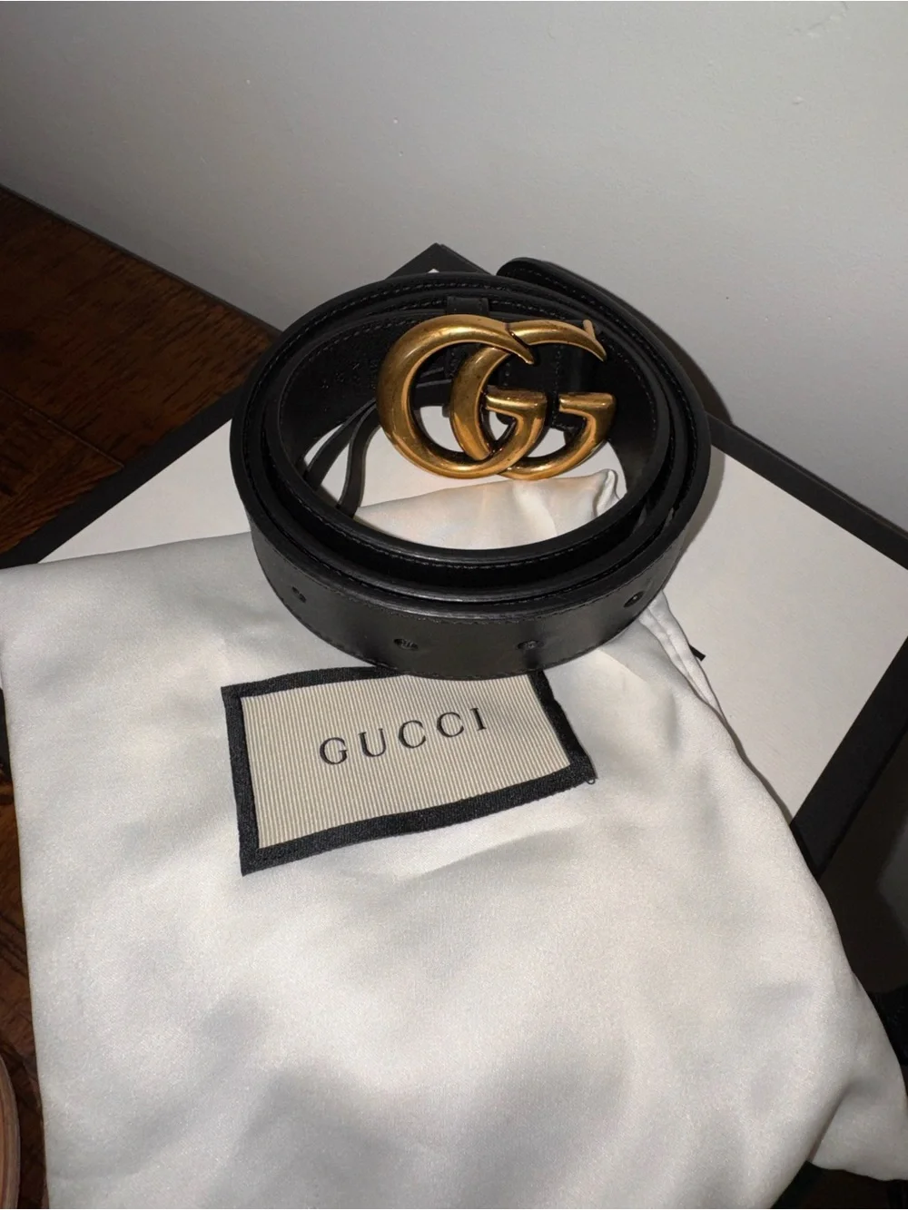 Gucci Black Leather Belt with Gold Double G Interlocking Buckle